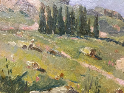 Oil painting Mountain: sunlit hillside with cypress trees and rocks