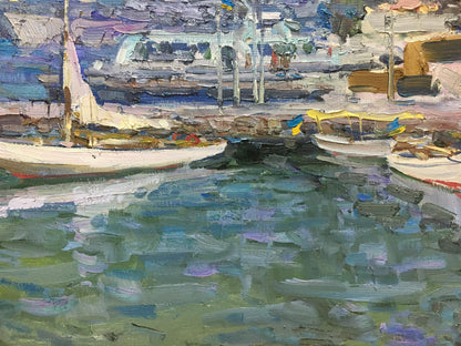 Textured impasto oil painting of boats in harbor by Shadrin Alexander Petrovich