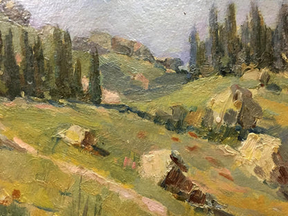Oil painting of sunlit mountain countryside with hills, cypresses