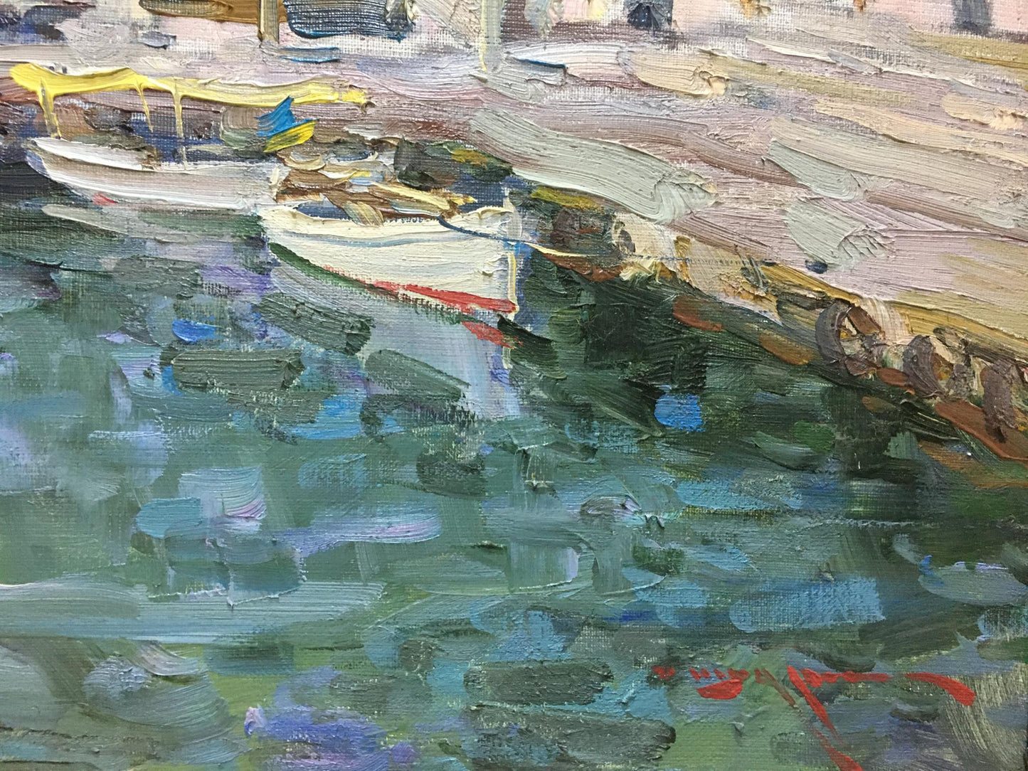 Impressionistic oil painting of boats in Shadrin Alexander Petrovich city port