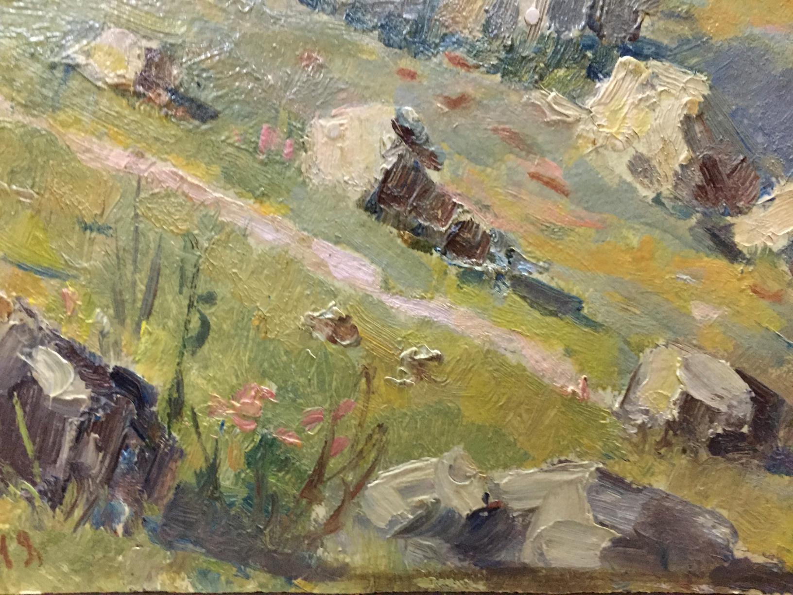 Oil painting of sunlit mountain hillside with green grass, rocks, pink wildflowers