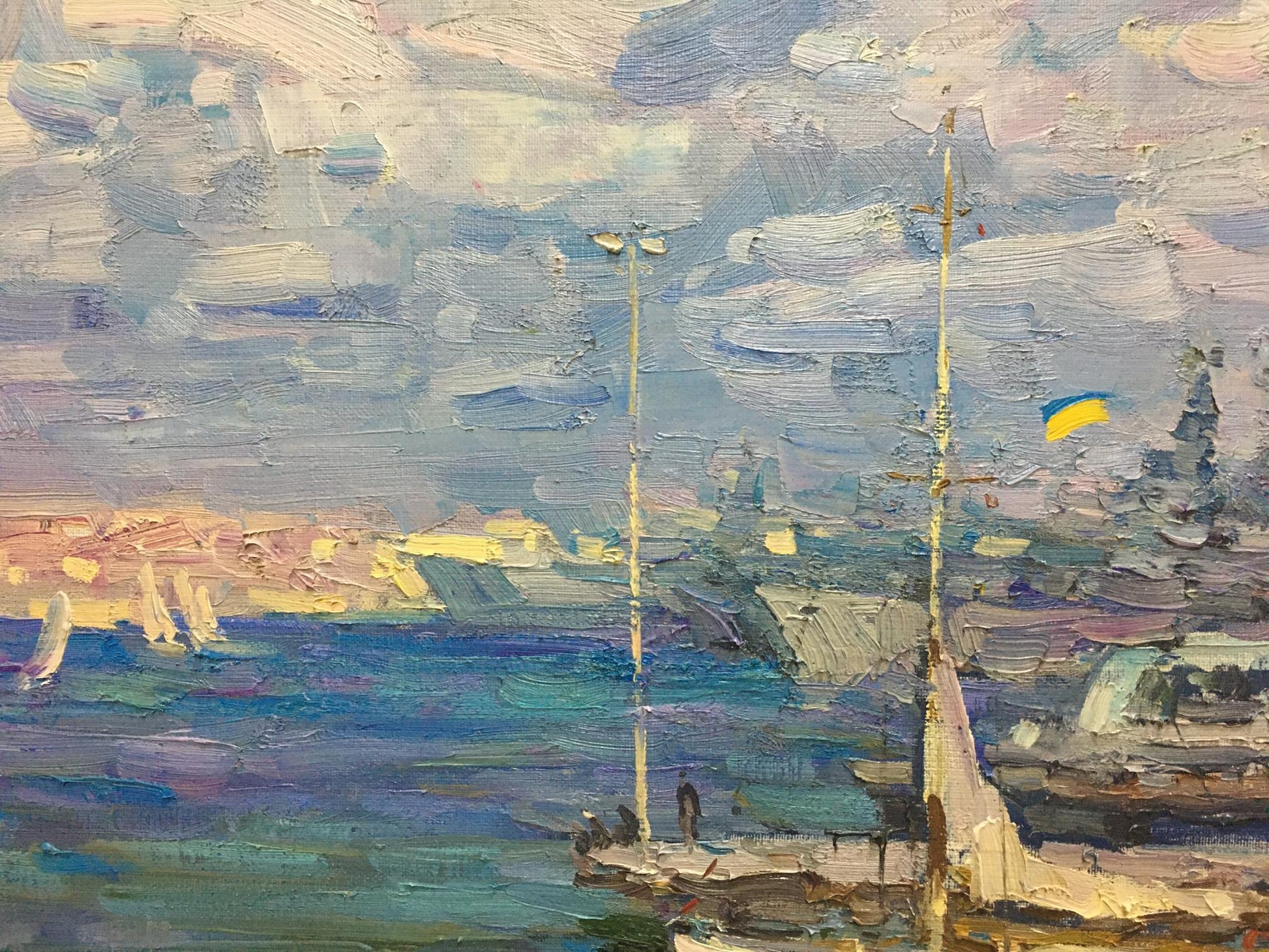 Oil painting of city port by Shadrin Alexander Petrovich, textured harbor scene