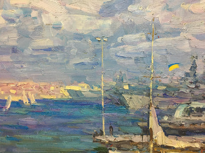 Oil painting of city port by Shadrin Alexander Petrovich, textured harbor scene