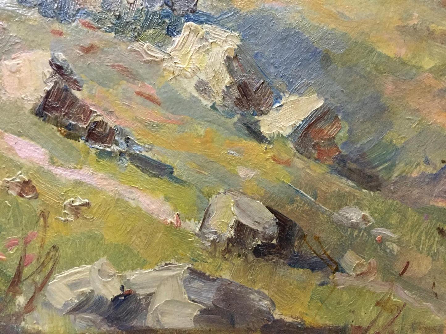 Oil painting of sunlit mountain hillside with rocks and greenery