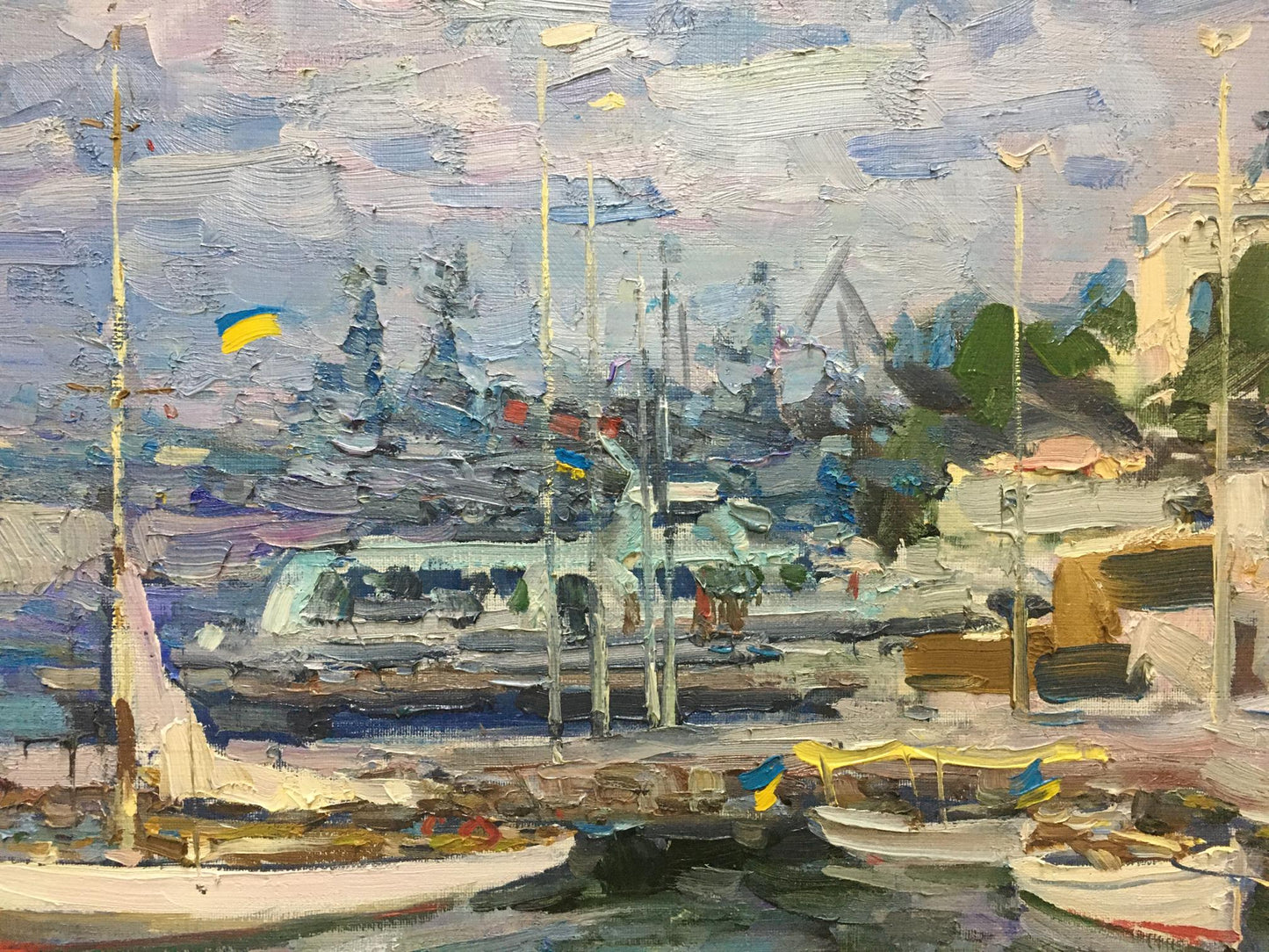 Textured impressionist oil painting of Shadrin Alexander Petrovich city port harbor with boats