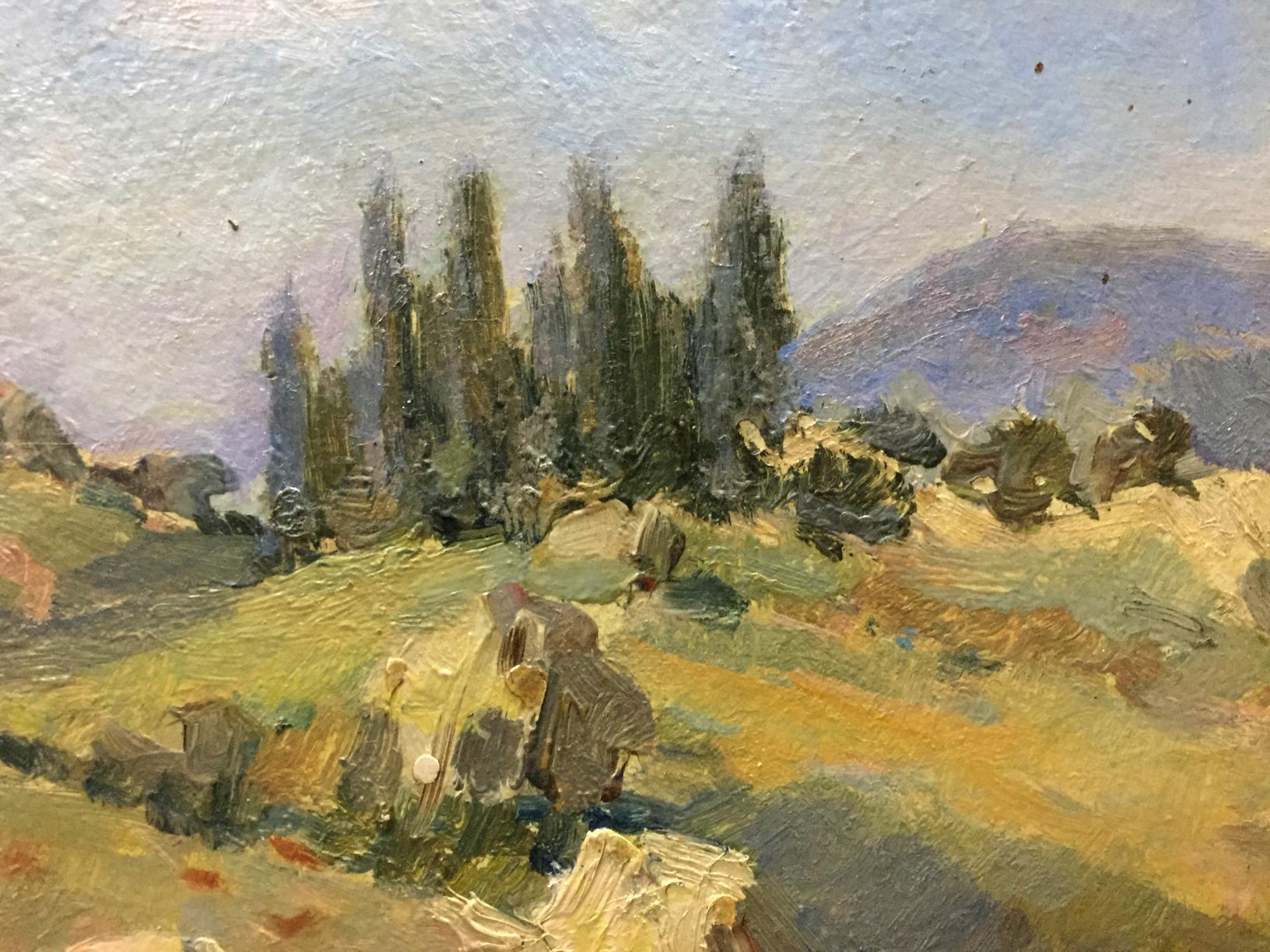 Oil painting Mountain: textured pastoral landscape with trees, hills, mountains