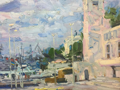 Impressionistic oil painting of Shadrin city port by Alexander Petrovich