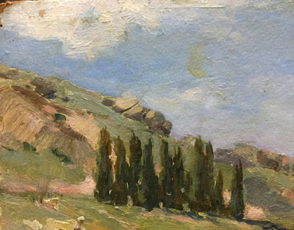 Oil painting of mountain hillside with tall cypress trees under blue sky
