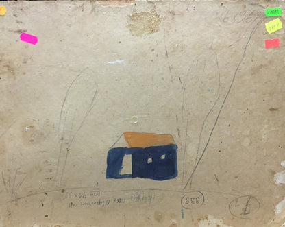 Childs drawing of blue house with orange roof on textured paper, Oil painting Mountain