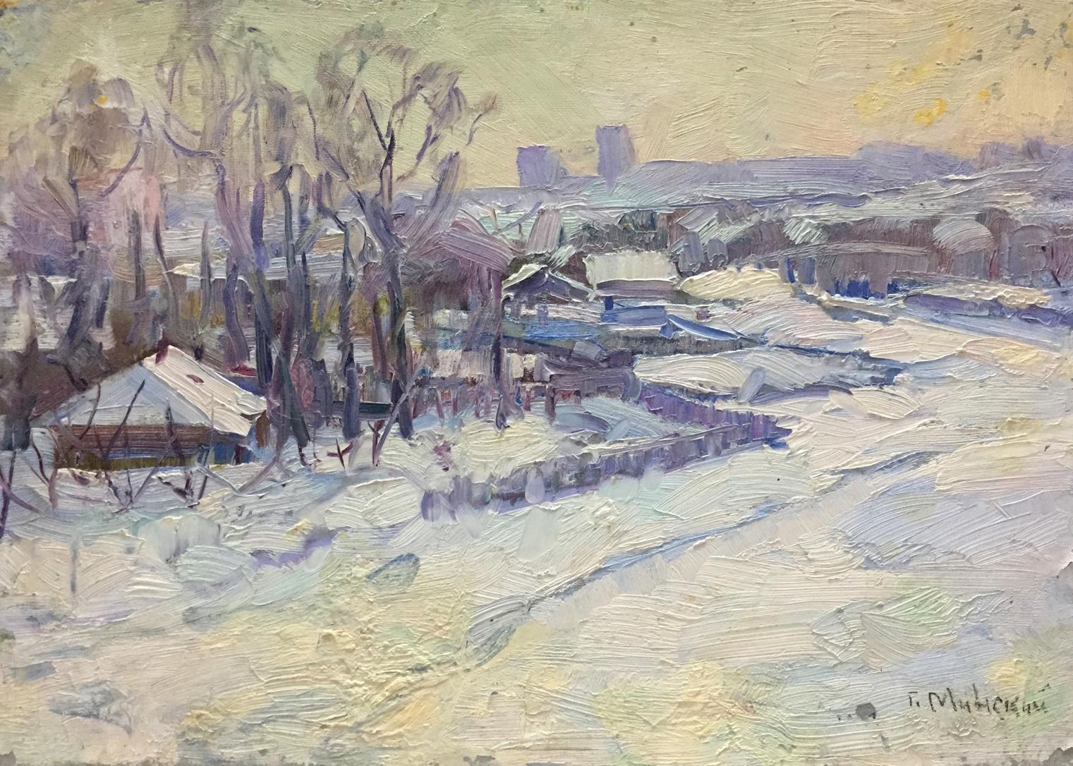 Impressionistic snowy village oil painting by M.y Grigory Semenovich