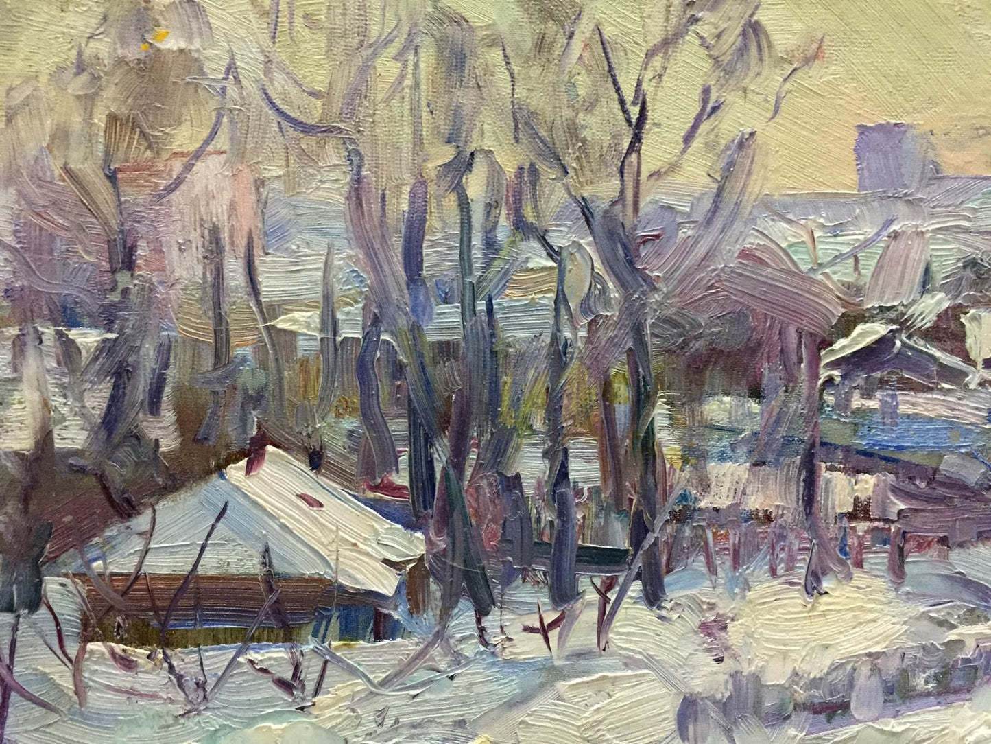 Textured impressionist oil painting of snowy Shuliavka village by M.y Grigory Semenovich