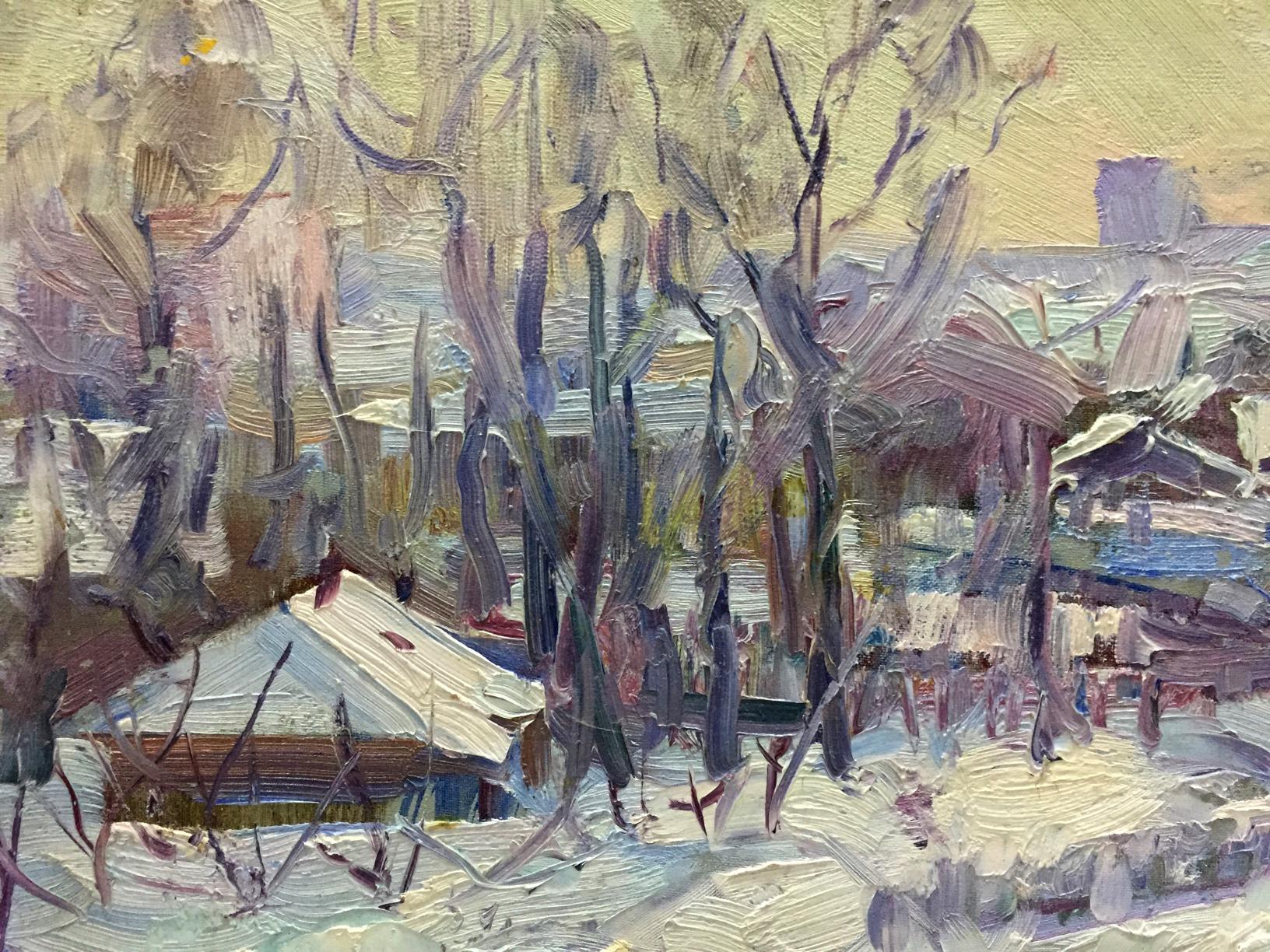 Textured impressionist oil painting of snowy Shuliavka village by M.y Grigory Semenovich