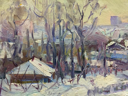 Textured impressionist oil painting of snowy Shuliavka village by M.y Grigory Semenovich