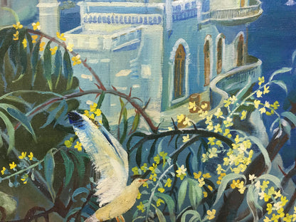 Oil painting C. Zorya by Galina Denisovna: white bird with blue-tipped wings amid yellow flowers