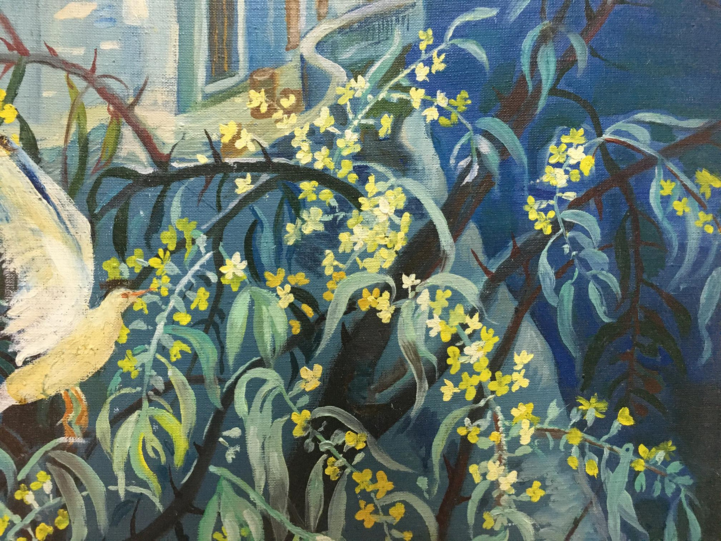 Oil painting C. Zorya by Galina Denisovna: white bird in green foliage, yellow flowers
