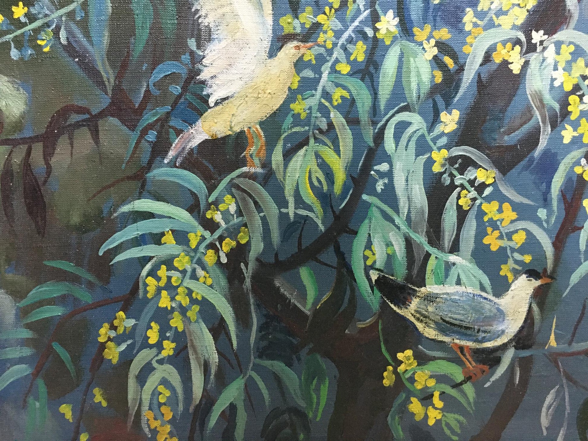 Oil painting C. Zorya by Galina Denisovna: birds in lush green foliage, yellow blossoms