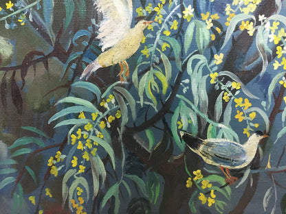 Oil painting C. Zorya by Galina Denisovna: birds in lush green foliage, yellow blossoms