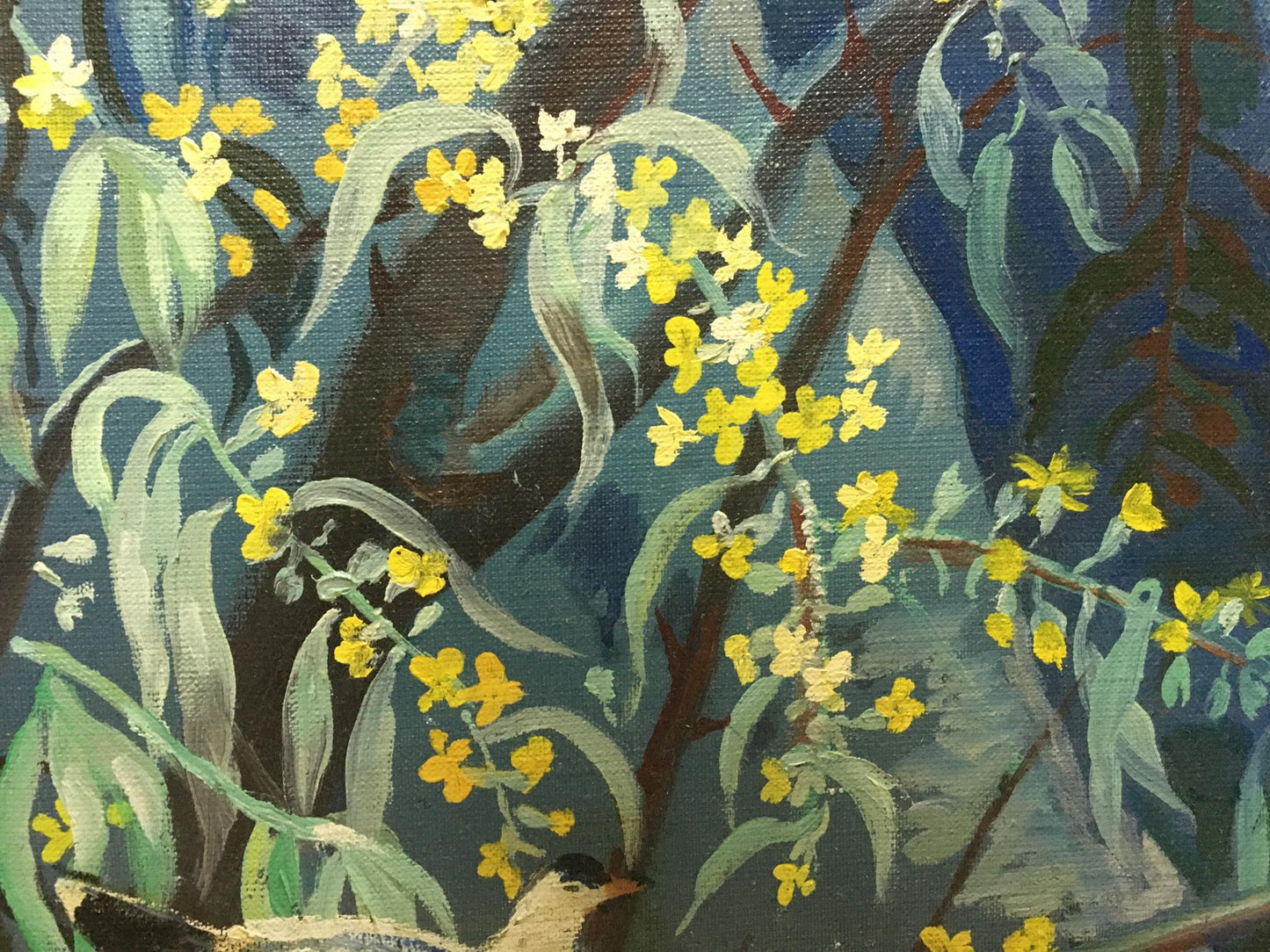 Oil painting C. Zorya by Galina Denisovna: yellow flowers on blue