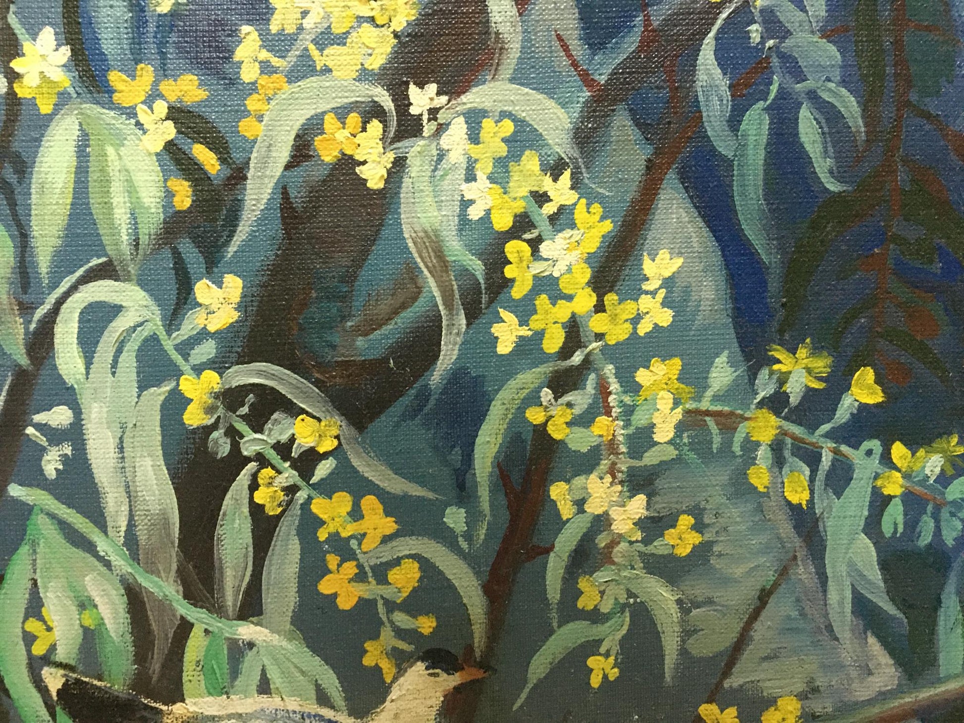 Oil painting C. Zorya by Galina Denisovna: yellow flowers on blue