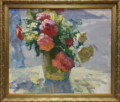 Oil painting of pink red white roses bouquet in vase by Moses Gantman