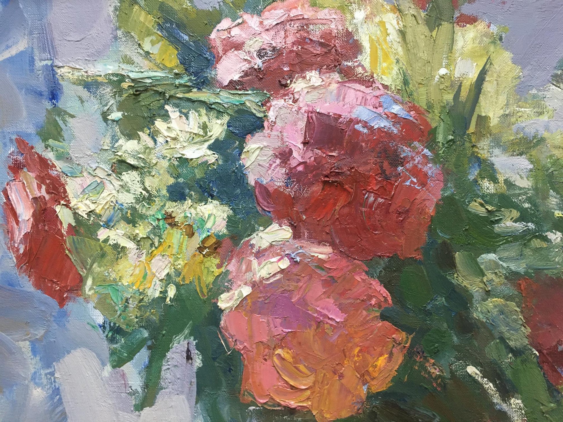 Vibrant impressionist oil painting of red white roses bouquet by Moses Gantman
