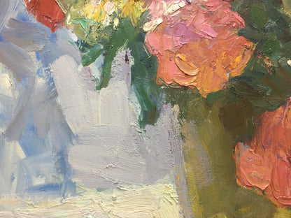 Oil painting of vibrant pink orange roses bouquet by Moses Gantman