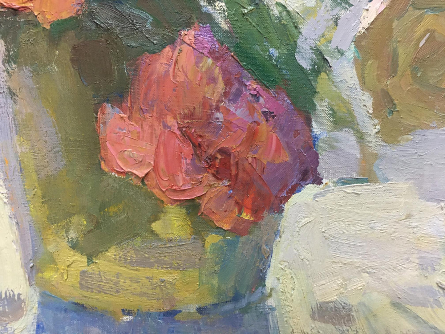 Vibrant impasto oil painting of red and white rose bouquet by Moses Gantman