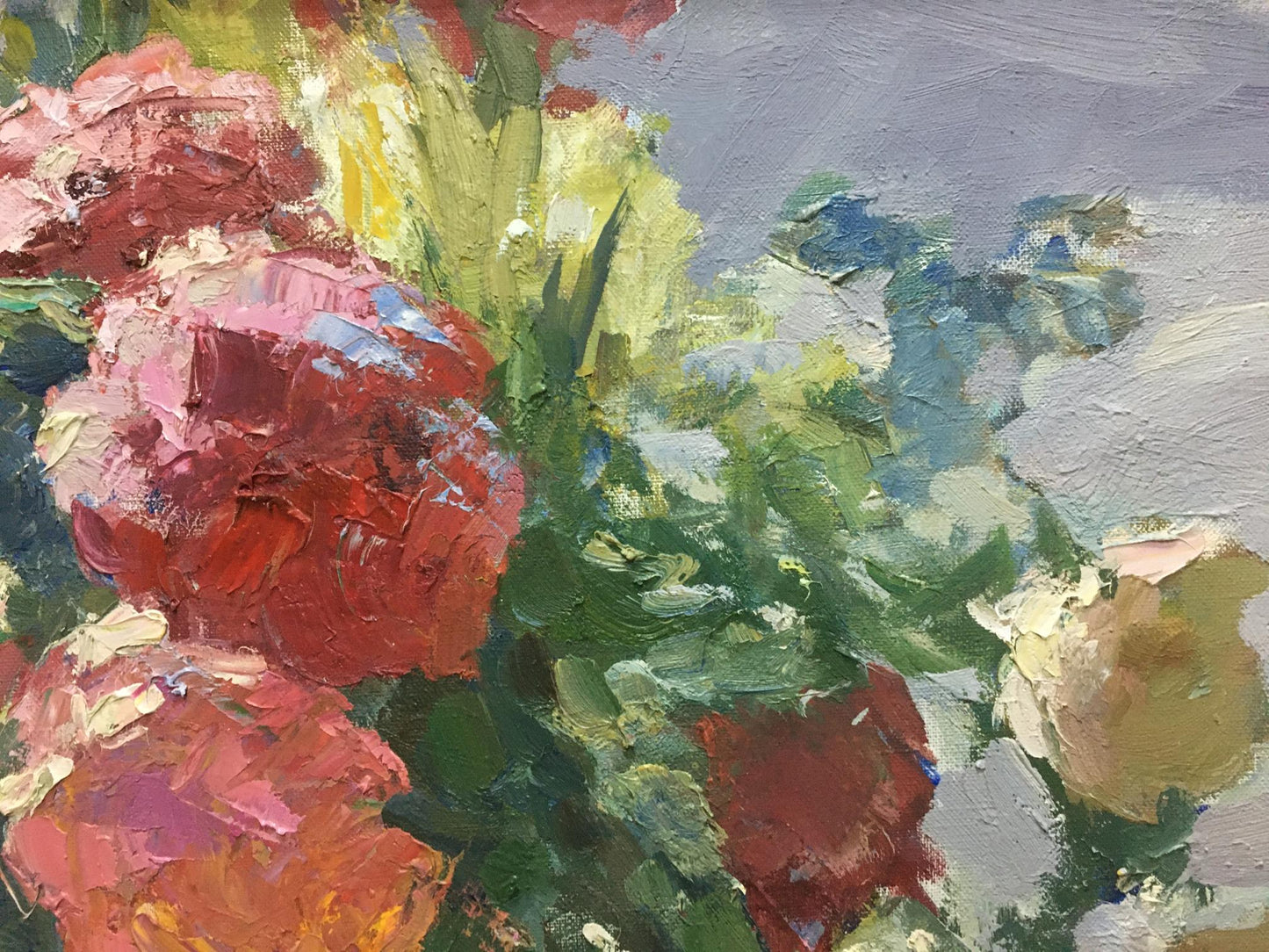 Oil painting of vibrant red and white roses bouquet by Moses Gantman