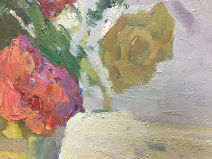 Vibrant impressionist oil painting of red, white roses bouquet by Moses Gantman