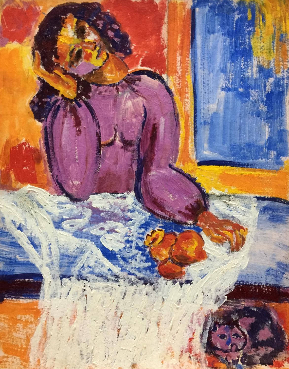 Oil painting portrait of lonely girl reclining in vibrant purple on orange-red background