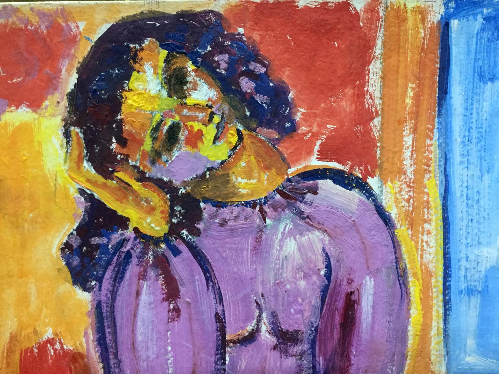 Oil painting portrait of lonely girl with dark curly hair and purple attire