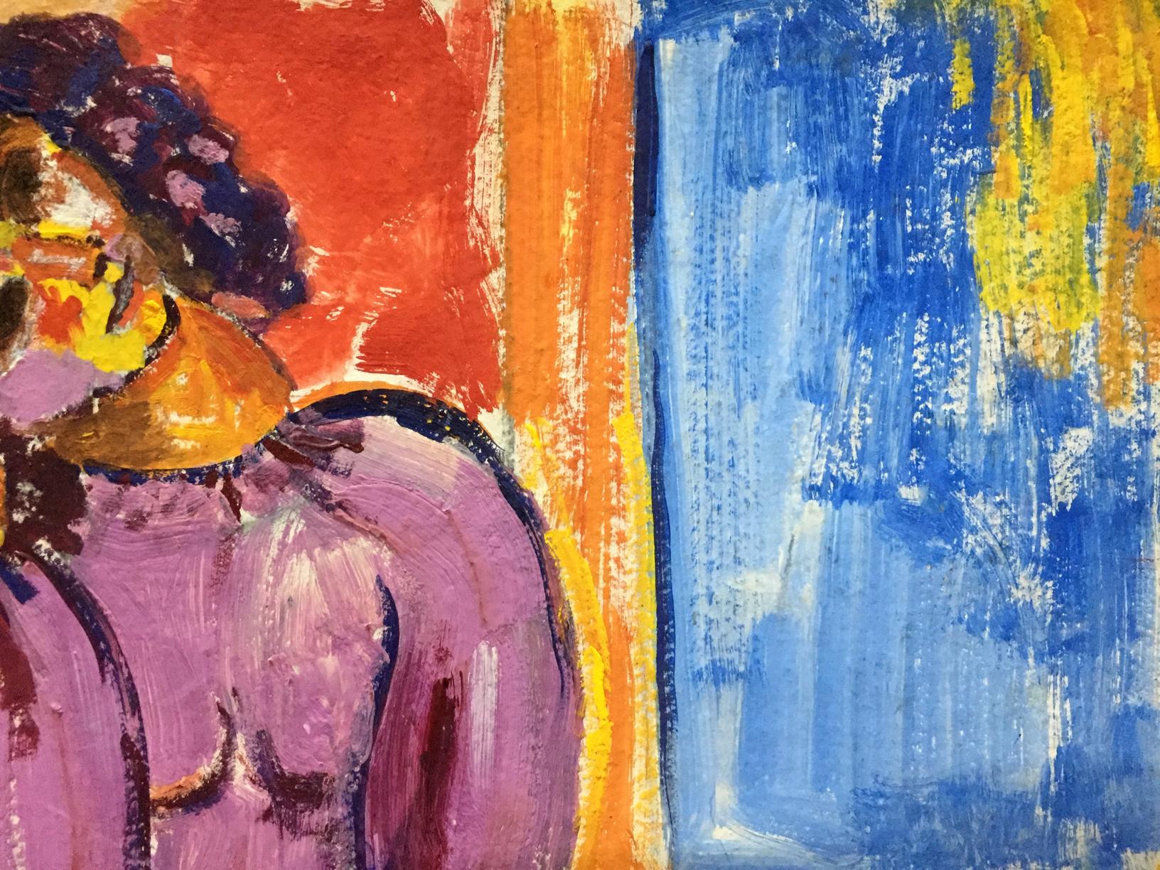 Oil painting portrait of lonely girl with purple figure and curly hair