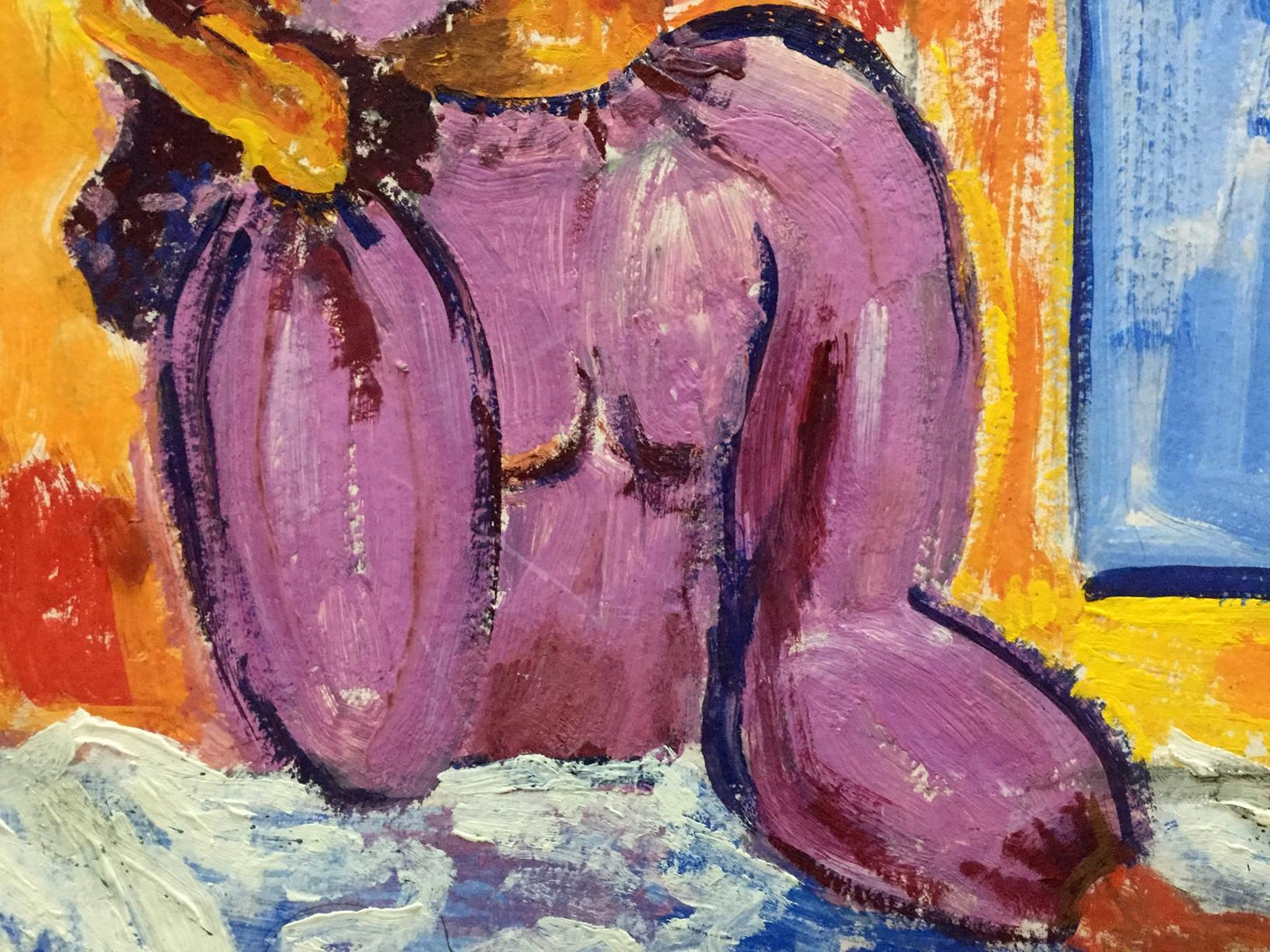 Oil painting portrait of lonely girl in vibrant purple abstract with orange accents