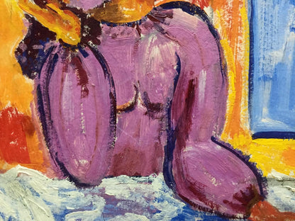 Oil painting portrait of lonely girl in vibrant purple abstract with orange accents