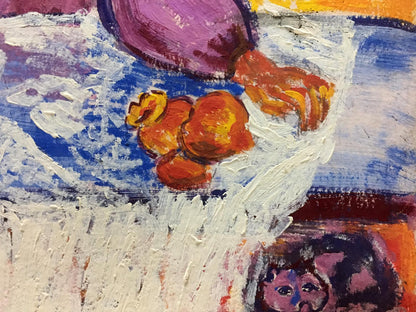 Oil painting portrait of lonely girl in vibrant purple orange abstract style