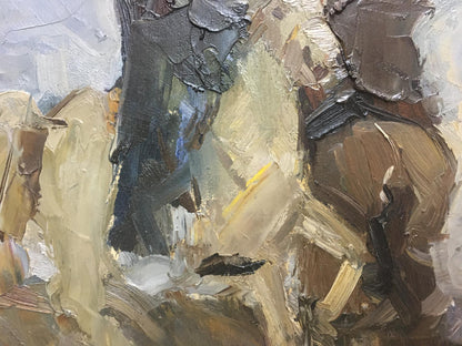 A textured oil painting featuring bold brushstrokes in earthy browns, blacks, and muted blues.