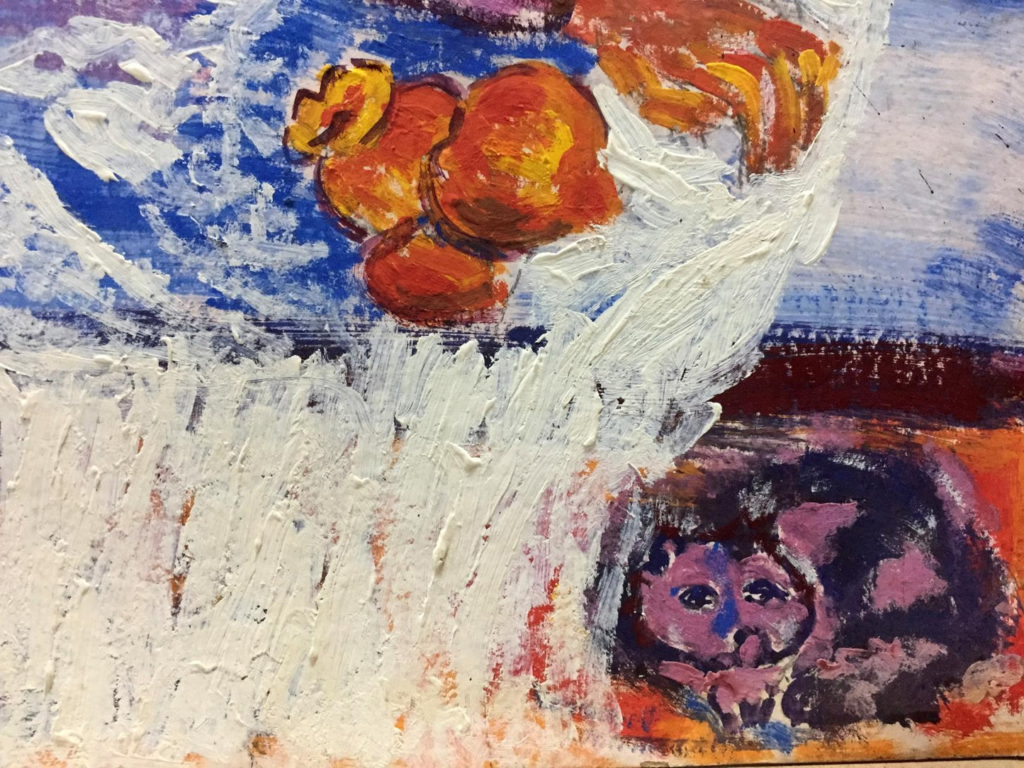 Oil painting portrait of lonely girl with white bowl of oranges on blue background