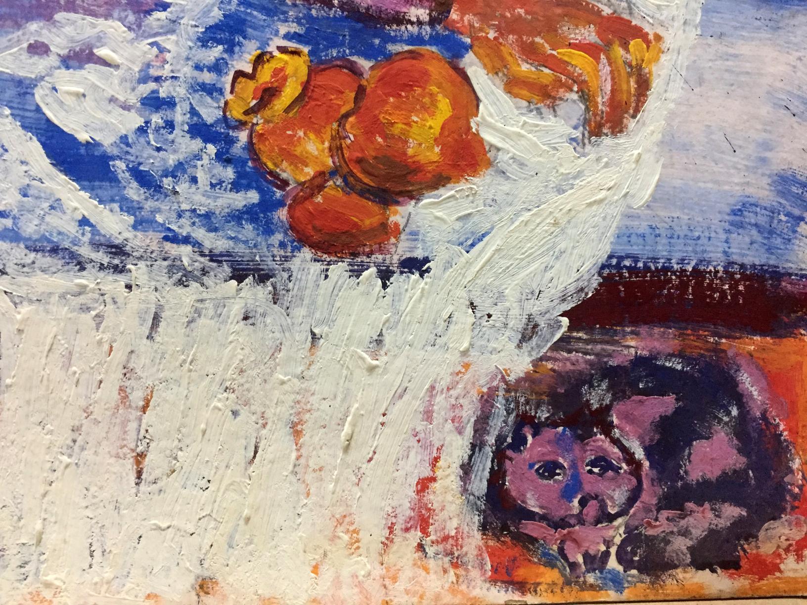 Oil painting portrait of lonely girl with white bowl of oranges on blue background