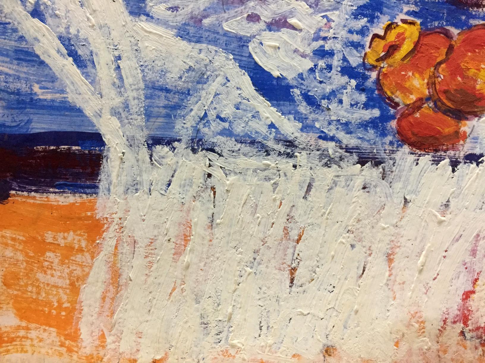 Oil painting portrait of lonely girl with abstract white blue orange strokes and fruit