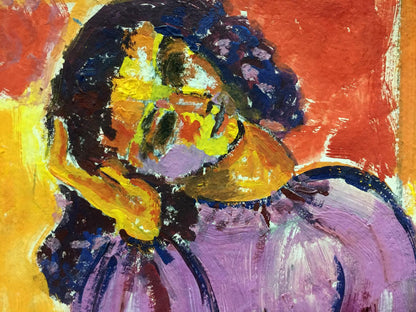 Oil painting portrait of lonely girl in vibrant orange, yellow, purple, black abstract style