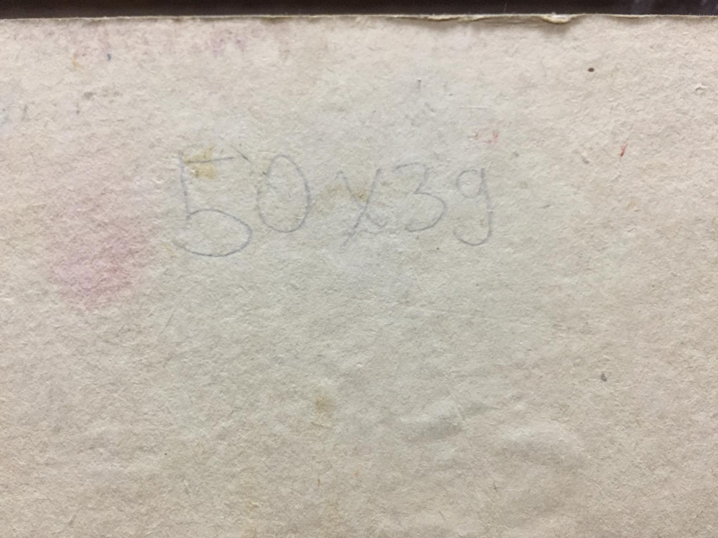 Back of oil painting portrait of lonely girl with faded gray pencil markings on textured off-white paper