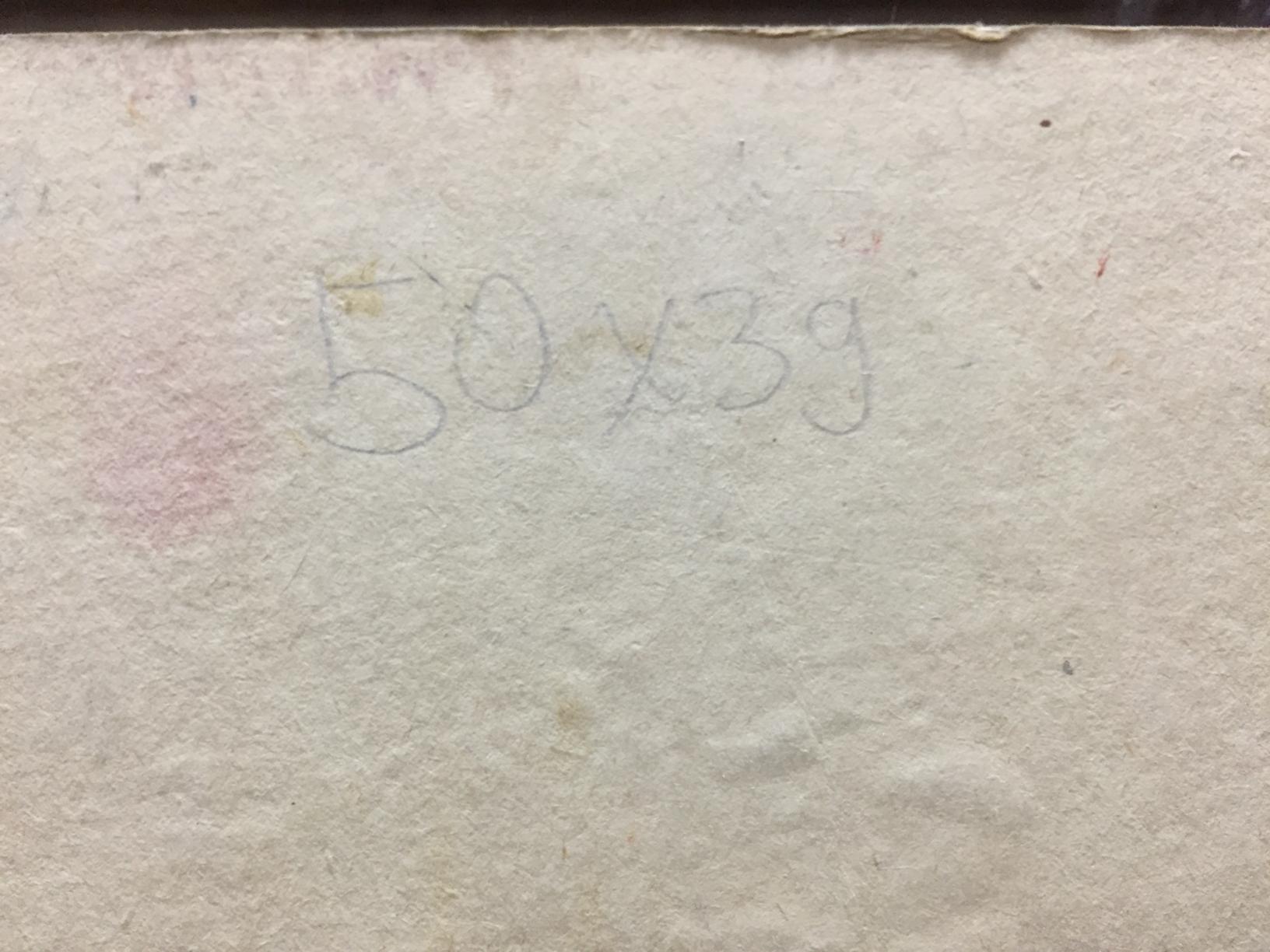 Back of oil painting portrait of lonely girl with faded gray pencil markings on textured off-white paper