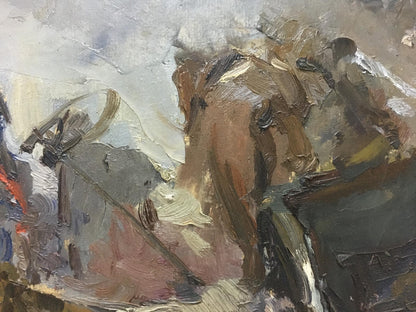 Textured impressionistic oil painting of horse by Plamenitsky, earthy browns grays