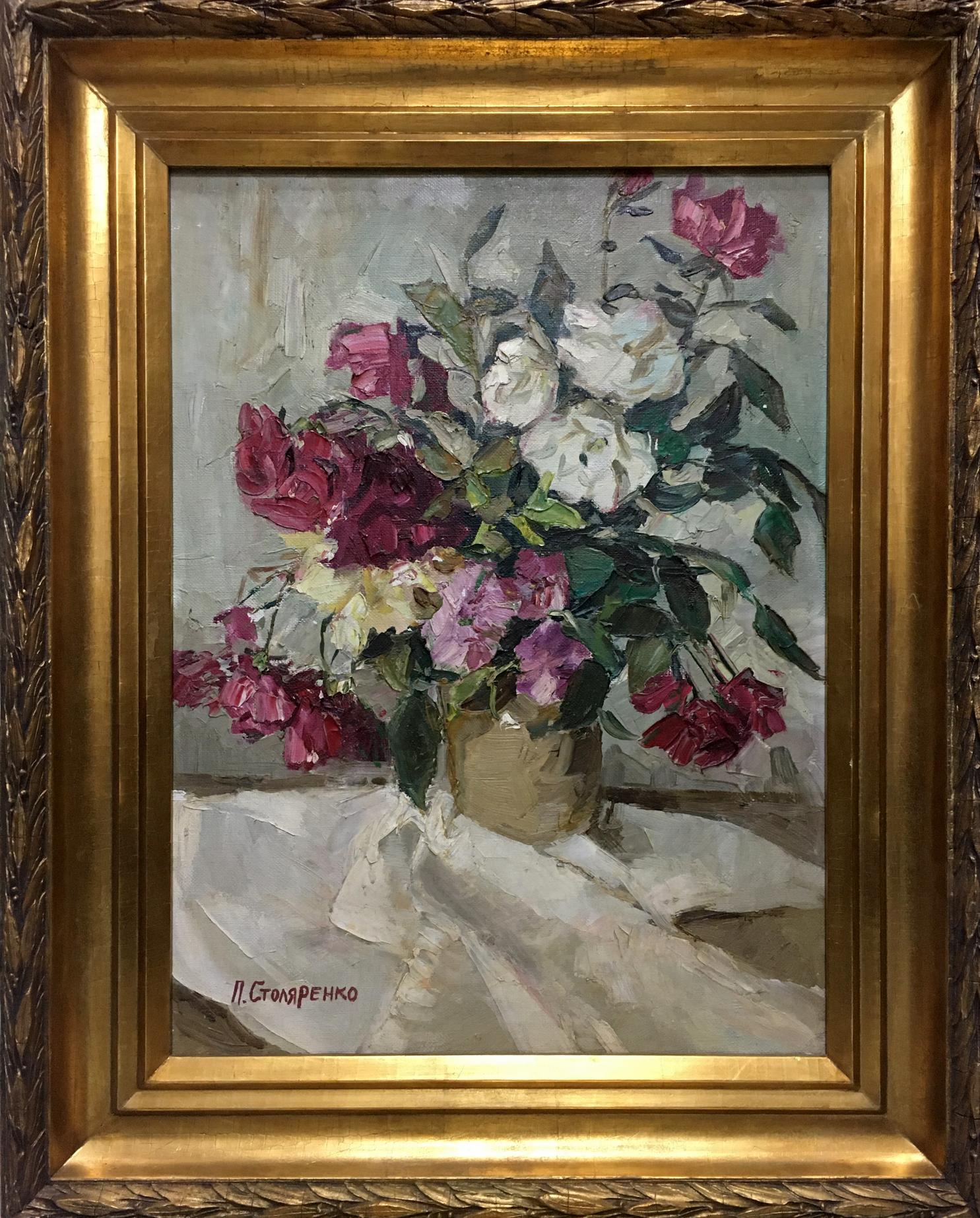 Oil painting by Petr Kuzmich Stolyarenko: roses in ornate gold frame