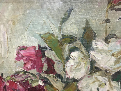 Oil painting by Petr Kuzmich Stolyarenko: textured pink white roses green leaves