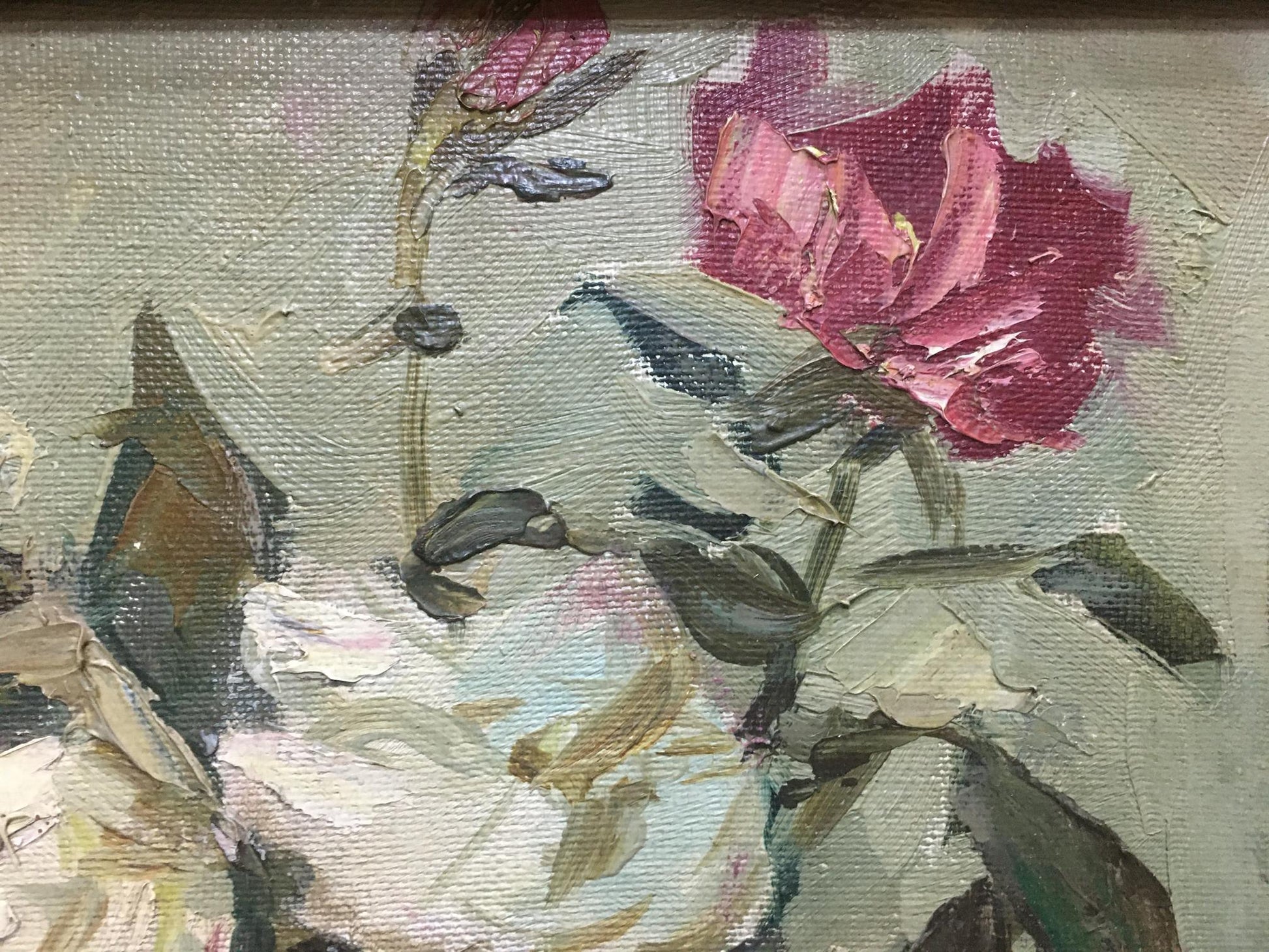 Oil painting by Petr Kuzmich Stolyarenko: vibrant pink rose in impasto