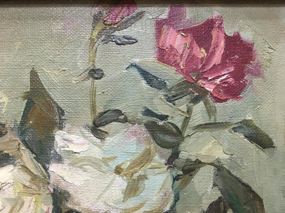 Oil painting by Petr Kuzmich Stolyarenko: vibrant pink rose in impasto