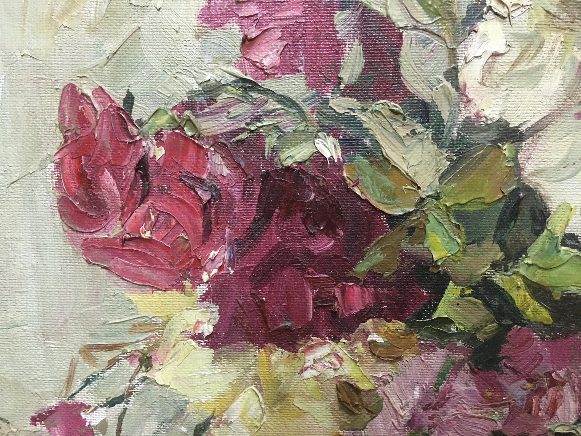 Oil painting by Petr Kuzmich Stolyarenko: impressionistic red purple roses