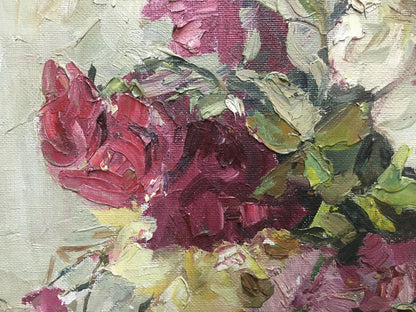 Oil painting by Petr Kuzmich Stolyarenko: impressionistic red purple roses