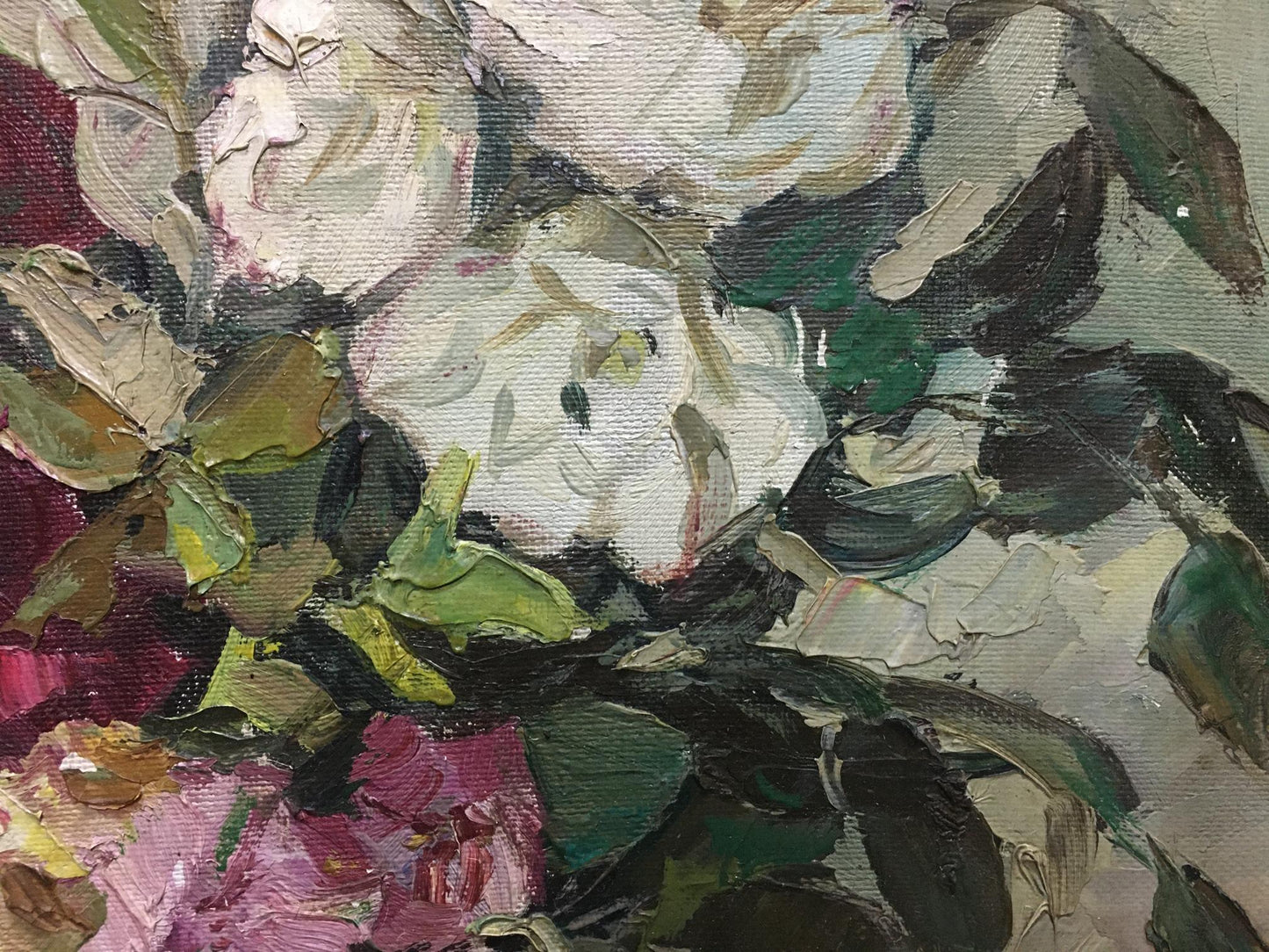 Textured oil painting of white pink peonies by Petr Kuzmich Stolyarenko